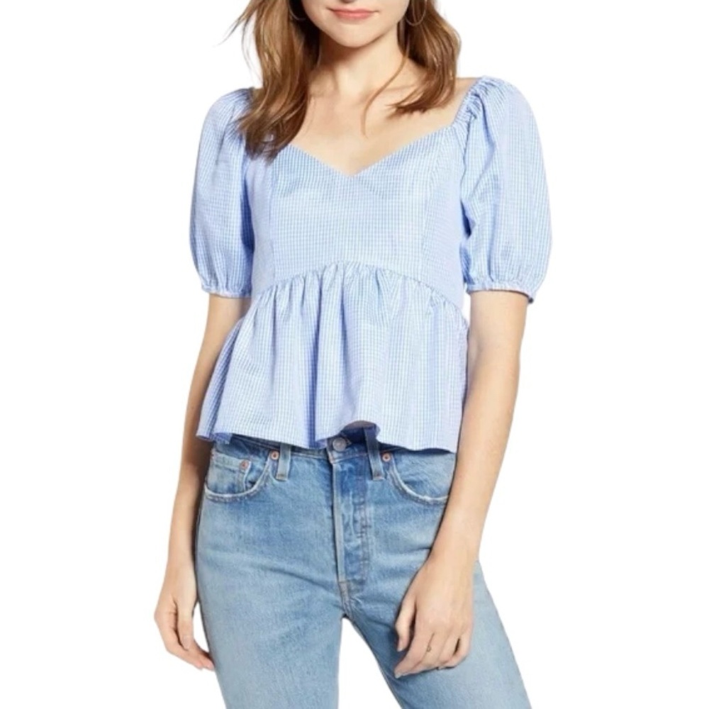 English Factory Puff Sleeve Peplum Top Women's‎ Medium Blue & White Gingham